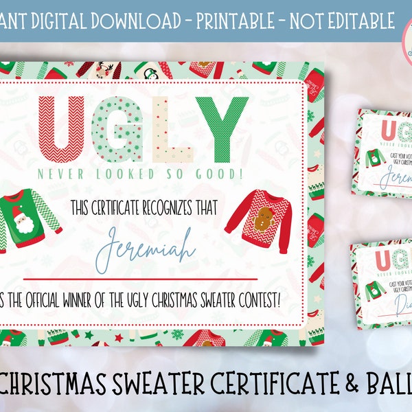 UGLY CHRISTMAS SWEATER certificate & ballots | instant digital download | diy | printable