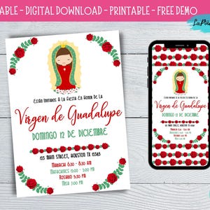 5x7 rosas rojas Invitación VIRGEN DE GUADALUPE / personalizable / descarga instantánea / invitación corjl / 12 de diciembre / virgencita