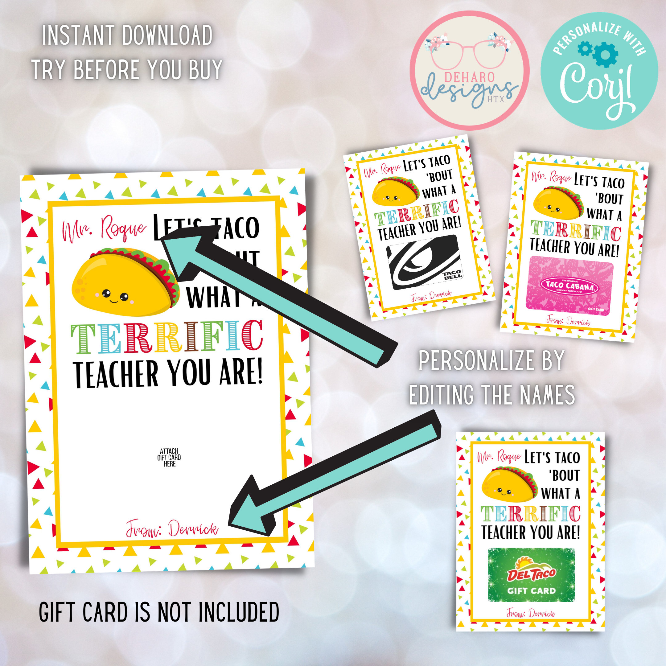 5x7 TACO TEACHER APPRECIATION Gift Card Holder Customizable - Etsy