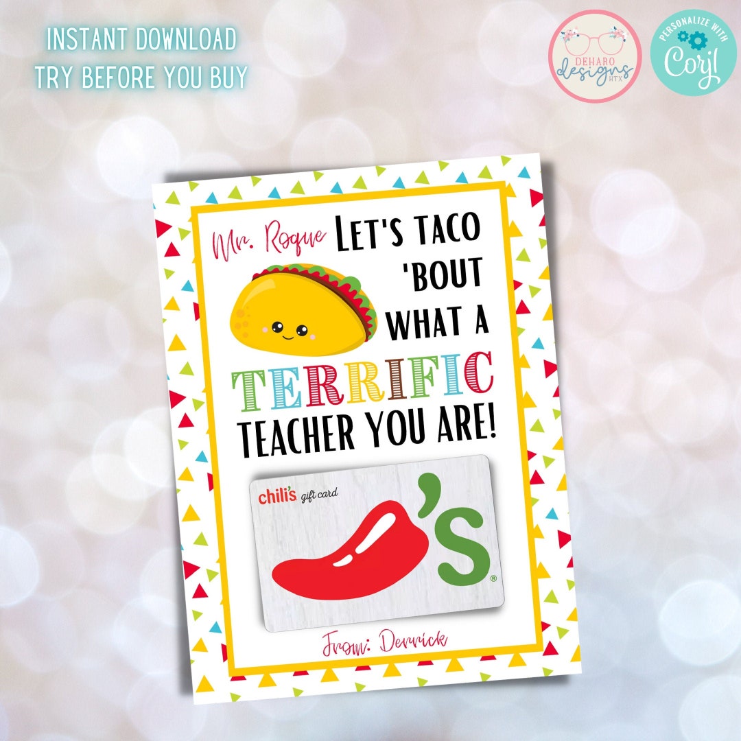 5x7 TACO TEACHER APPRECIATION Gift Card Holder Customizable Etsy
