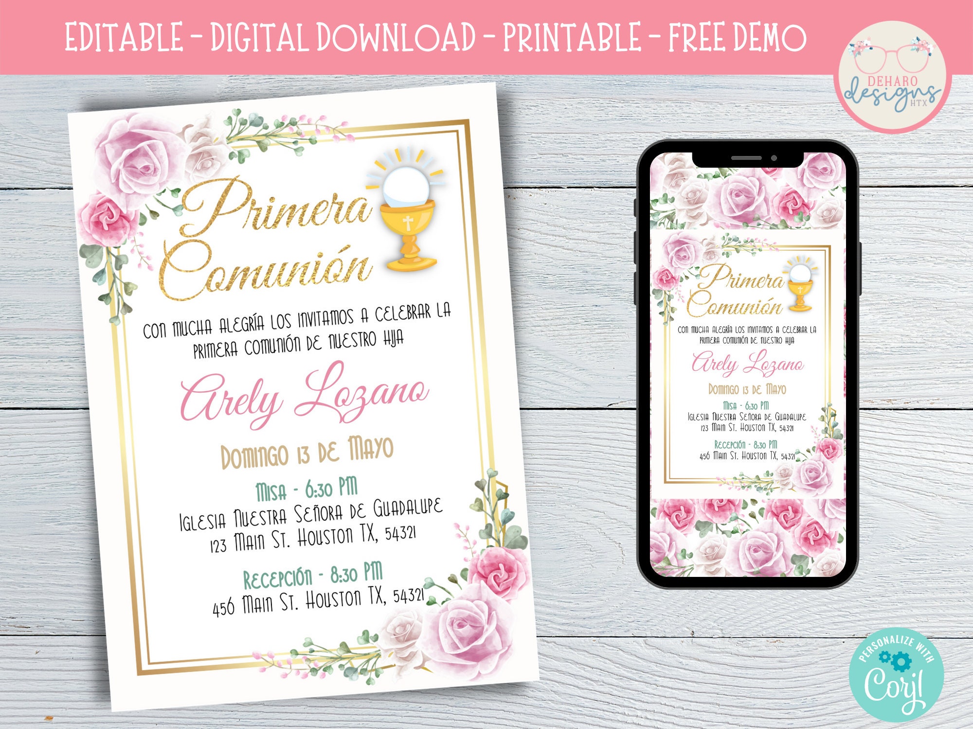 5x7 INVITACION PRIMERA COMUNION Customizable Instant Download Corjl  Invitation Floral Gold 