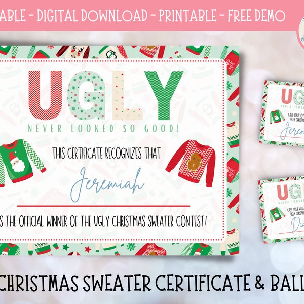 editable UGLY CHRISTMAS SWEATER certificate & ballots | digital download | diy | printable