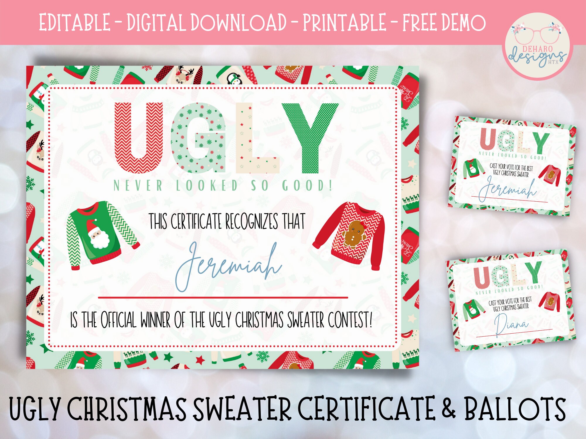 Editable UGLY CHRISTMAS SWEATER Certificate &amp; Ballots Digital Download ...