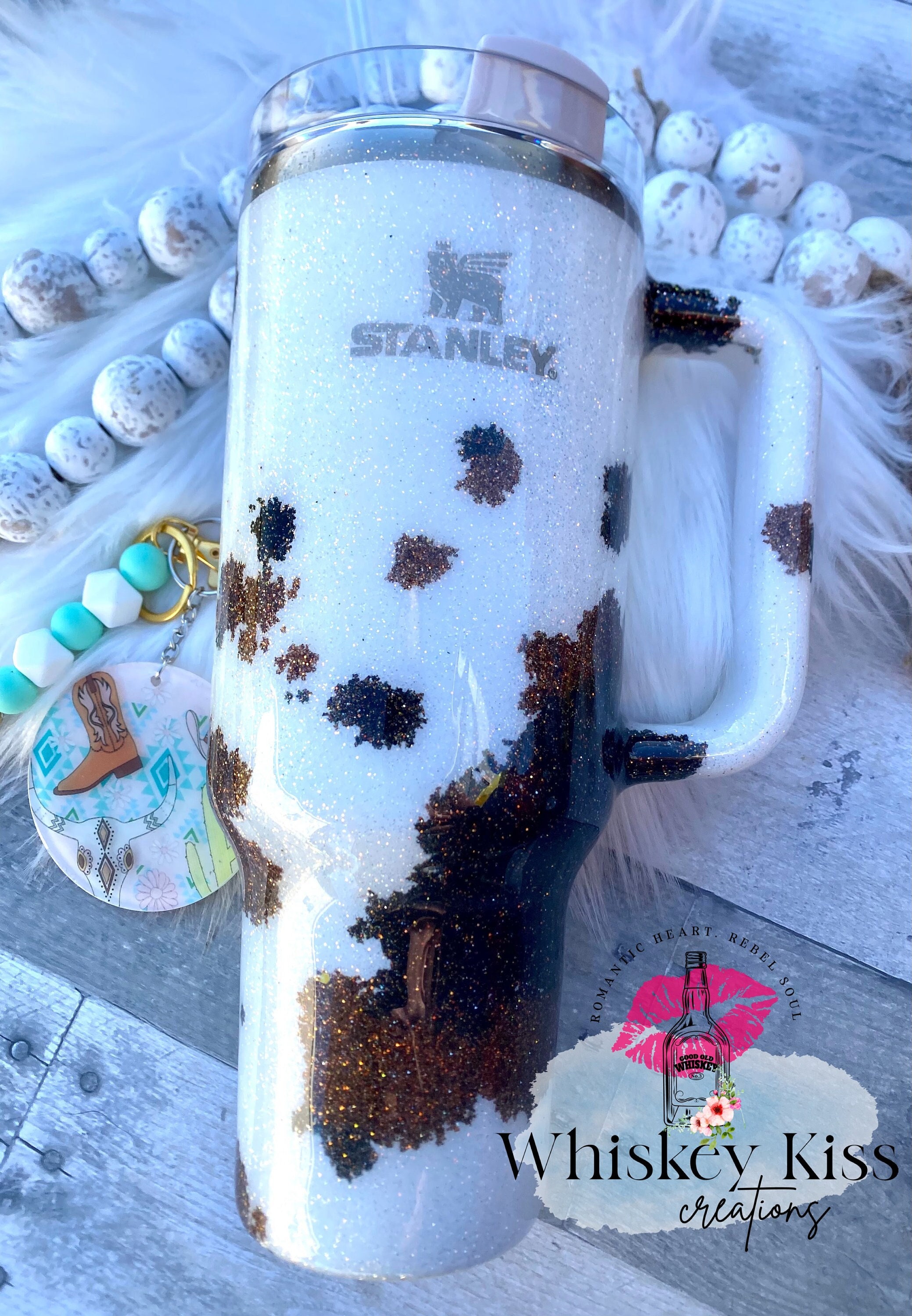 Stanley 40 Oz. Handled Cow Print Tumbler Cowhide Glitter Cup Cow Spot  Monogram Tiktok Farmhouse Western Black, Brown, & White Cow Print 