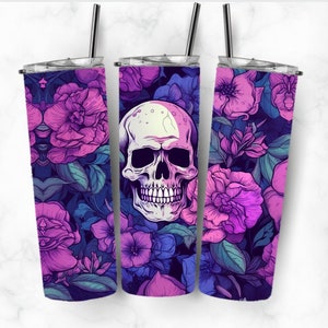 20oz floral skull tumbler wrap, Sublimation design templates, straight png Digital download. skull tumbler