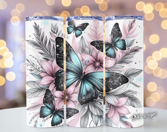 Butterfly tumbler wrap, Sublimation design templates, straight png Digital download. 20oz tumbler wrap