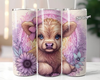 Highland cow western sunflower tumbler wrap, Sublimation design templates, straight png Digital download. 20oz tumbler wrap