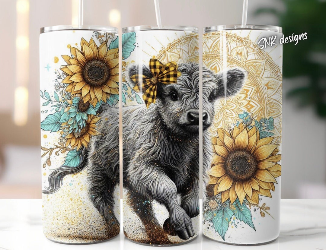 Highland Cow Western Yellow Sunflower Tumbler Wrap, Sublimation Design ...