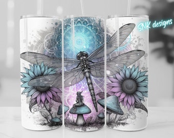 20oz tumbler wrap,Dragon fly floral butterfly Sublimation design templates, straight png Digital download. Tumbler wrap