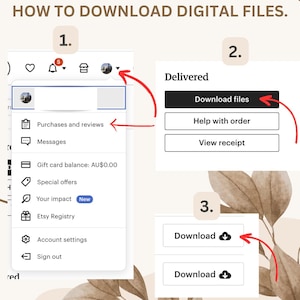 May include: A screenshot of a computer screen showing how to download digital files on Etsy. The steps are numbered 1, 2, and 3. Step 1 shows a menu with options like "Purchases and reviews", "Messages", and "Gift card balance". Step 2 shows a button that says "Download files". Step 3 shows a button that says "Download" with a cloud icon.