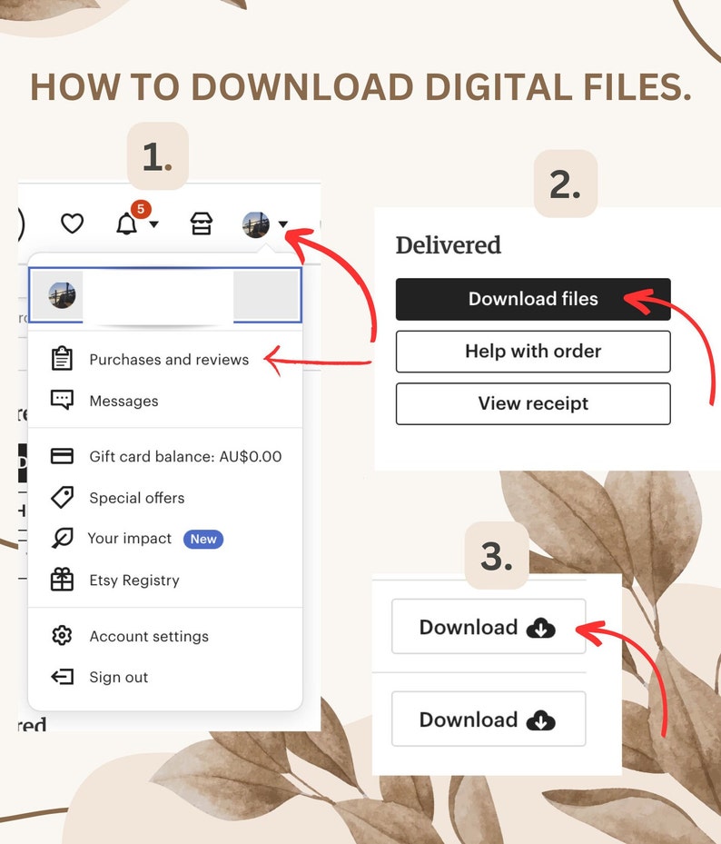 May include: A screenshot of a computer screen showing how to download digital files on Etsy. The steps are numbered 1, 2, and 3. Step 1 shows a menu with options like "Purchases and reviews", "Messages", and "Gift card balance". Step 2 shows a button that says "Download files". Step 3 shows a button that says "Download" with a cloud icon.