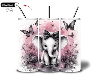May include: A set of three stainless steel tumblers with a pink watercolor background and a black and white illustration of a baby elephant wearing a bow. Butterflies are scattered throughout the design.