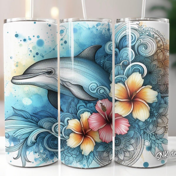 Dolphin tumbler wrap, Sublimation design templates, straight png Digital download. 20oz tumbler wrap florals , flowers, beach , ocean