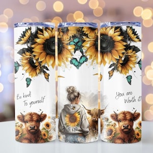 Highland cow western sunflower tumbler wrap, Sublimation design templates, straight png Digital download. 20oz tumbler wrap