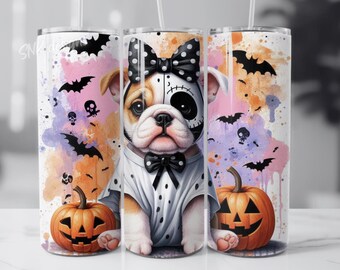 May include: A white tumbler with a Halloween-themed design featuring a bulldog wearing a bow and a pumpkin. The background is a watercolor-style design with bats and skulls.
