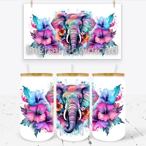 May include: Three white tumblers with a colorful watercolor design of an elephant with flowers. The elephant is in the center of the design and the flowers are around it. The design is on both sides of the tumblers.
