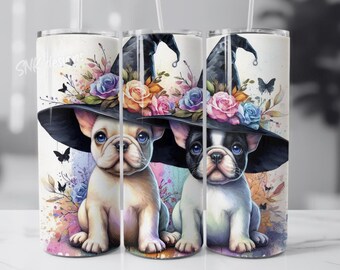 May include: Two white and black French Bulldogs wearing witch hats with colorful flowers and butterflies. The hats are black with a wide brim and a pointed top. The dogs are sitting on a watercolor background with splashes of color.