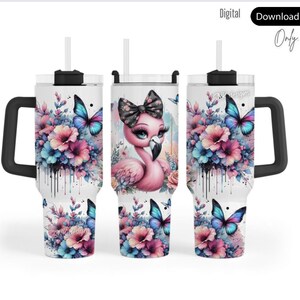 May include: White tumbler featuring a pink flamingo, butterflies, and floral design. The tumbler has a black lid and handle.