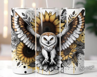 May include: A white tumbler featuring an owl with outstretched wings, sunflowers, and a butterfly. The owl has brown and white feathers, yellow eyes, and is centered on the tumbler. The design includes yellow and black accents, and floral elements.