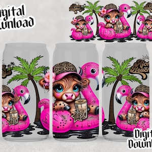 May include: Digital download design featuring a cartoon cow wearing a leopard print hat and sunglasses, floating on a pink flamingo floatie. The design includes palm trees and the text "Aloha Beach".