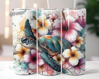 Turtle tumbler wrap, Sublimation design templates, straight png Digital download. 20oz tumbler wrap florals , flowers, beach , ocean