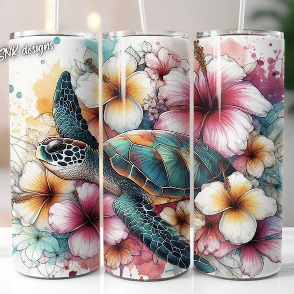 Envoltura de vaso de tortuga, plantillas de diseño de sublimación, descarga digital png recta. Envoltura de vaso de 20 oz florales, flores, playa, océano