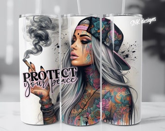 Badass self love protege tu paz Envoltura de vaso de 20 oz, plantillas de diseño de sublimación, descarga digital png directa. vaso de calavera