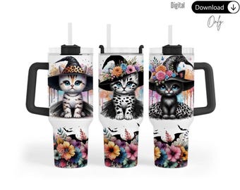 May include: Three white stainless steel tumblers with black lids and handles. Each tumbler features a different illustration of a cat wearing a witch hat with colorful flowers and bats. The tumblers are decorated with colorful flowers and bats.