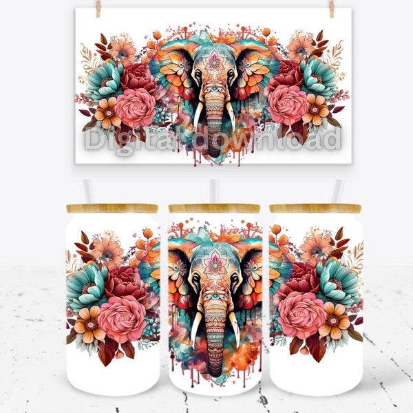 Boho elephant 16oz wrap, Sublimation design templates, 16oz png Digital download. Clip art download, 16oz beer can glass Libby can glass