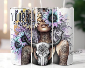 Western sunflower self love daily affirmations snarky funny 20oz tumbler wrap, Sublimation design templates, straight png Digital download.