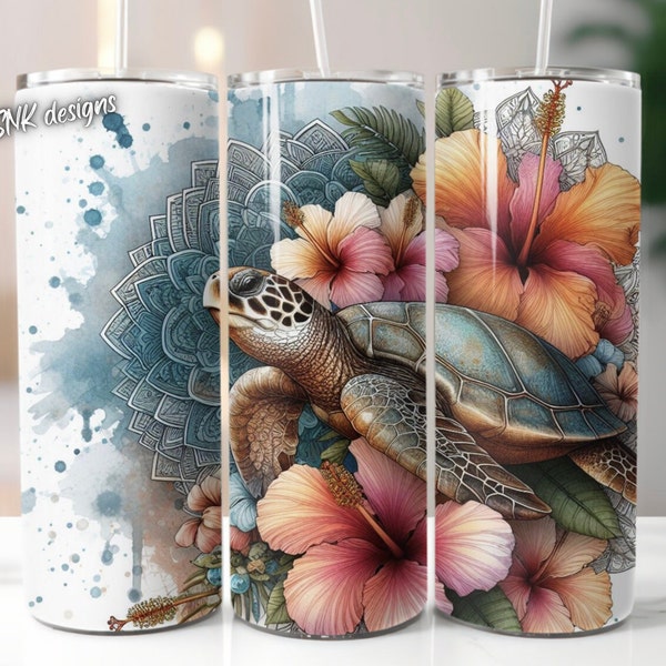 Turtle tumbler wrap, Sublimation design templates, straight png Digital download. 20oz tumbler wrap florals , flowers, beach , ocean