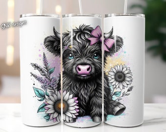 Highland cow western yellow sunflower tumbler wrap, Sublimation design templates, straight png Digital download. 20oz tumbler wrap