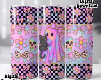 20oz pastel Holographic ghost tumbler wrap, Cute ghost Halloween PNG, Halloween cherry PNG, Cute Halloween tumbler png