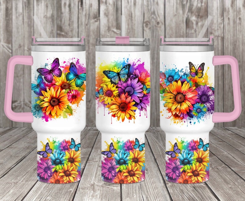 Boho colorful rainbow sunflower and butterflies 40oz sublimation tumbler wraps