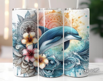 Dolphin tumbler wrap, Sublimation design templates, straight png Digital download. 20oz tumbler wrap florals , flowers, beach , ocean