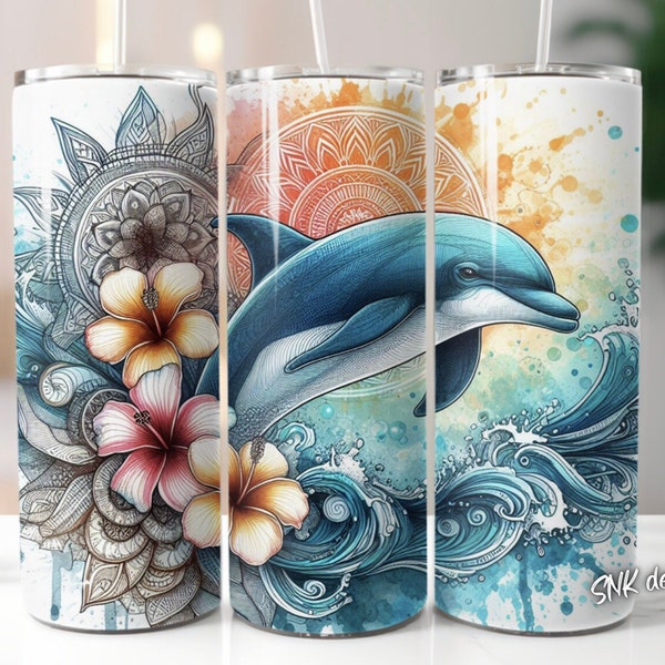 Dolphin tumbler wrap, Sublimation design templates, straight png Digital download. 20oz tumbler wrap florals , flowers, beach , ocean