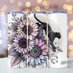 Black panther tumbler wrap, Sublimation design templates, straight png Digital download. 20oz tumbler wrap, floral panther tumbler wrap