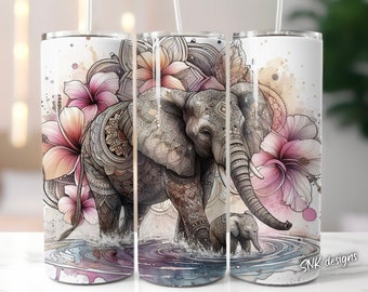 Elephant tumbler wrap, Sublimation design templates, straight png Digital download. 20oz tumbler wrap florals , flowers, beach , ocean