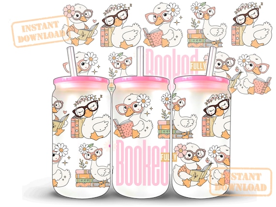 Bookish Goose tumbler wrap PNG | Fully Books Reading cup design | Preppy Cottagecore Duck with glasses| 16oz Libby glass sublimation