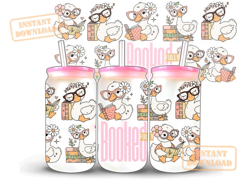 May include: Three glass tumblers with pink lids and straws, decorated with a repeating pattern of cartoon ducks wearing glasses and reading books. The words "Booked Fully" are printed on the tumblers.