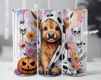 Halloween cute spooky Highland cow tumbler wrap, Sublimation design templates, straight png Digital download. 20oz sublimation tumbler wrap