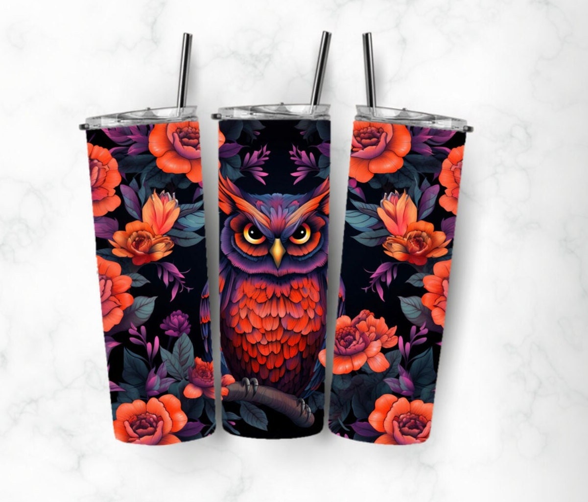 20oz skinny vibrant tropical floral owl 2 tumbler wrap, Sublimation design templates, straight png D