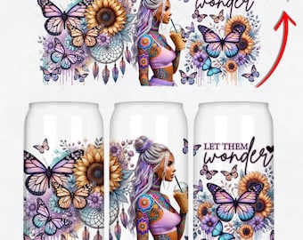 May include: Three sublimation designs featuring a woman with tattoos and purple hair holding a cup of coffee, surrounded by butterflies, sunflowers, and dreamcatchers. The text "Let them wonder" is included in the design.