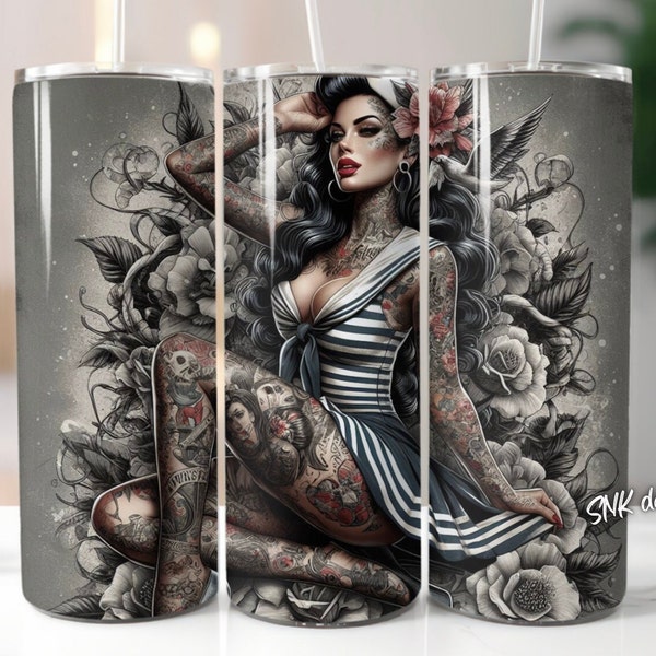 Envoltura de vaso de 20 oz calaveras de azúcar tatuadas chica pin up grungy floral, plantillas de diseño de sublimación, descarga digital png recta. Envoltura de vaso