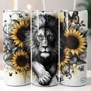 Emballage de gobelet 20 oz Gobelet tournesol animal de la jungle lion, modèles de conception par sublimation, png droit Téléchargement numérique. Gobelet à sublimation