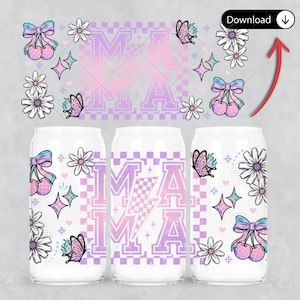 May include: Three white beverage cans with a repeating design. The design includes the word "MAMA" in a purple checkered pattern, along with butterflies, cherries, and flowers in pastel colors. The cans are decorated with bows and stars.