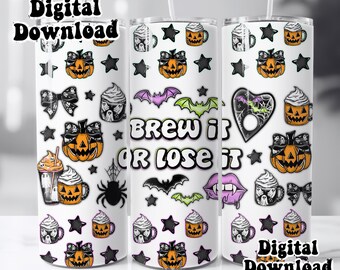 May include: A white tumbler featuring Halloween-themed illustrations. The design includes pumpkins, bats, stars, and the phrase "Brew it or Lose it." The tumbler is adorned with a variety of spooky graphics, perfect for the season.