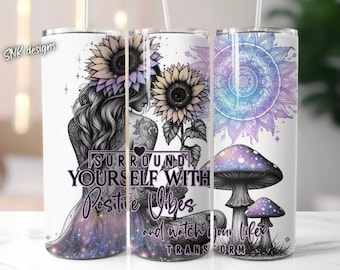 Witchy boho celestial self love daily affirmations 20oz tumbler wrap, Sublimation design templates, straight png Digital download.