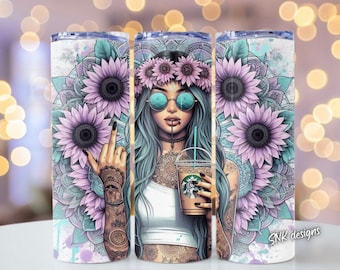 Badass bitch 20oz tumbler wrap, Sublimation design templates, straight png Digital download. skull tumbler