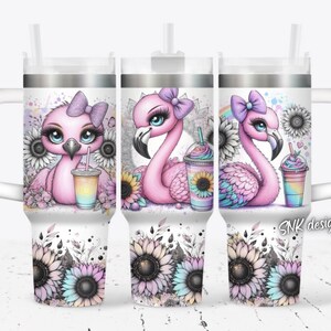 May include: Three stainless steel tumblers with a white background and a pink flamingo design. The tumblers feature a pink flamingo with a bow, sunflowers, and a rainbow-coloured drink. The tumblers are 20 oz and have a double-wall insulated design.